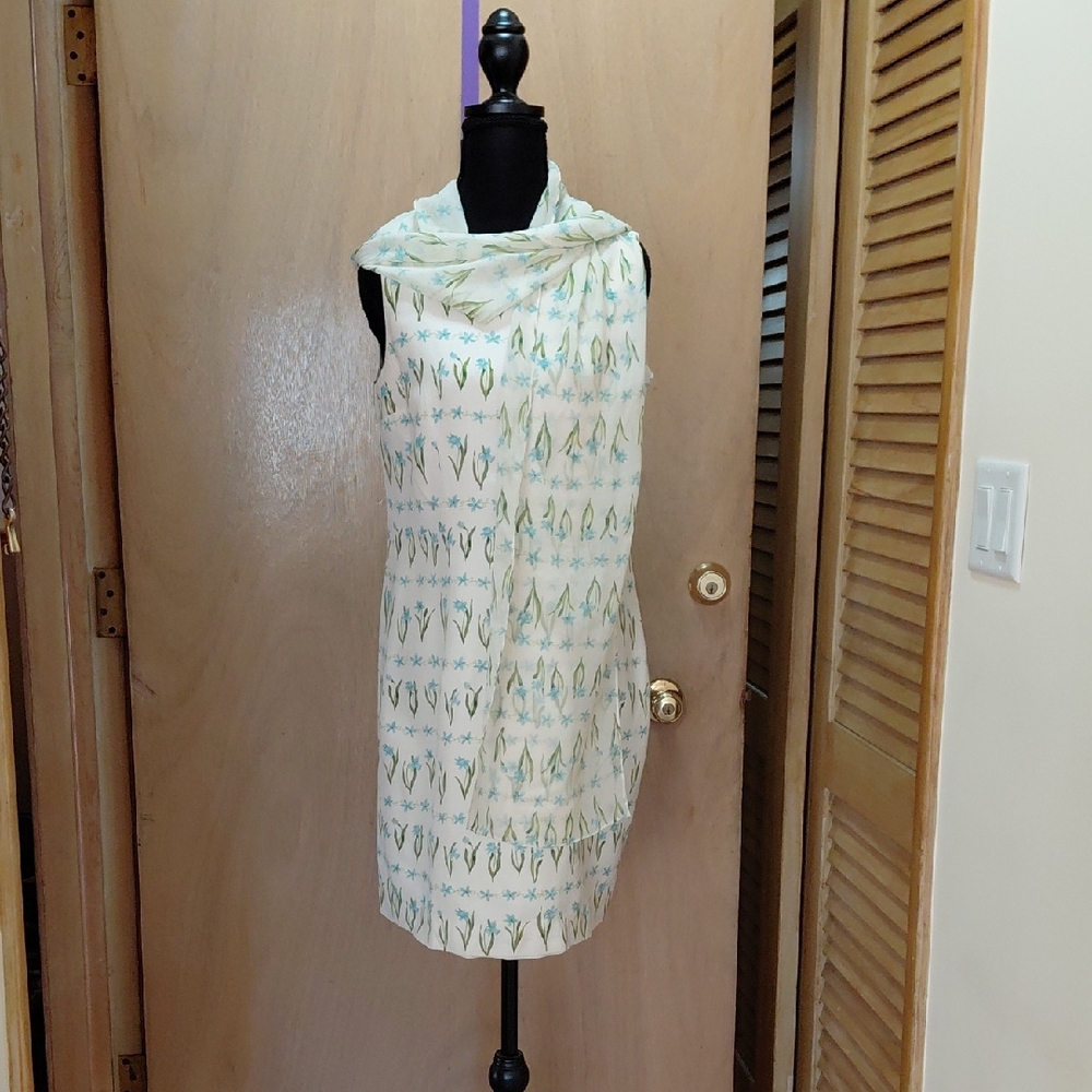 Vintage Floral Sleeveless Dress with Chiffon Scarf